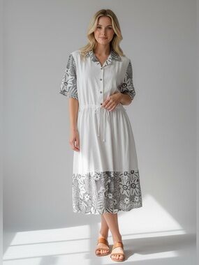 Linen Blend Button-Up Handmade Midi Dress